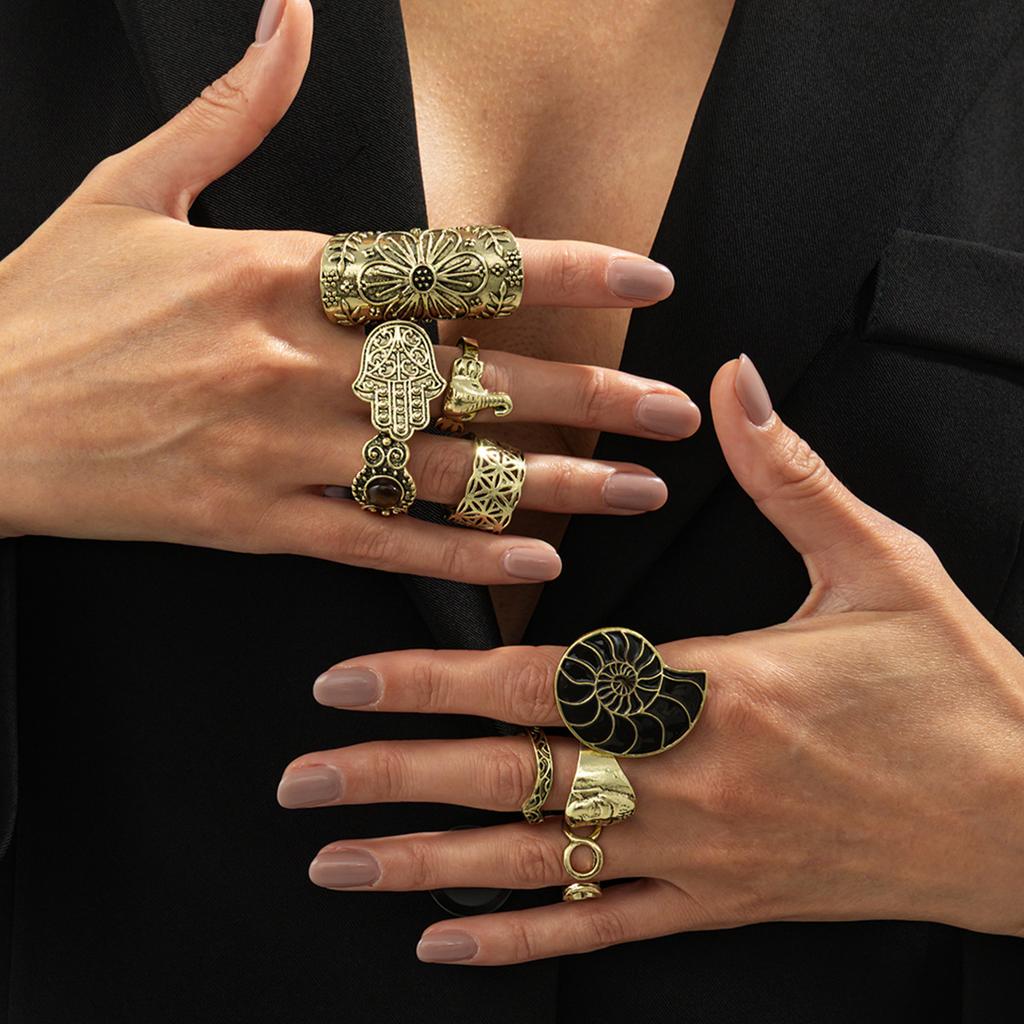 Ethnic Style Elephant Pattern Bergamot Gemstone Ring, Retro And Old Dripping Oil Conch Buddhist Face Ring