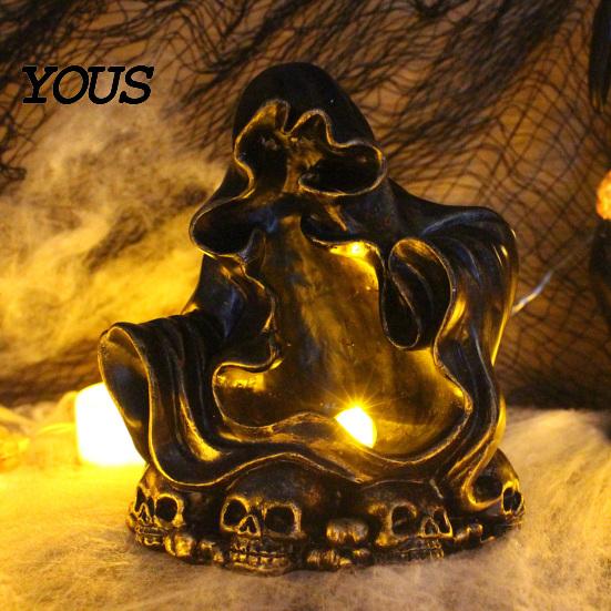 Creative Gift for Halloween Lovers Wizard Ghost LED Night Light with Embossed Skull Base, Resin Glowing Figurine, Environmentally Friendly Craft