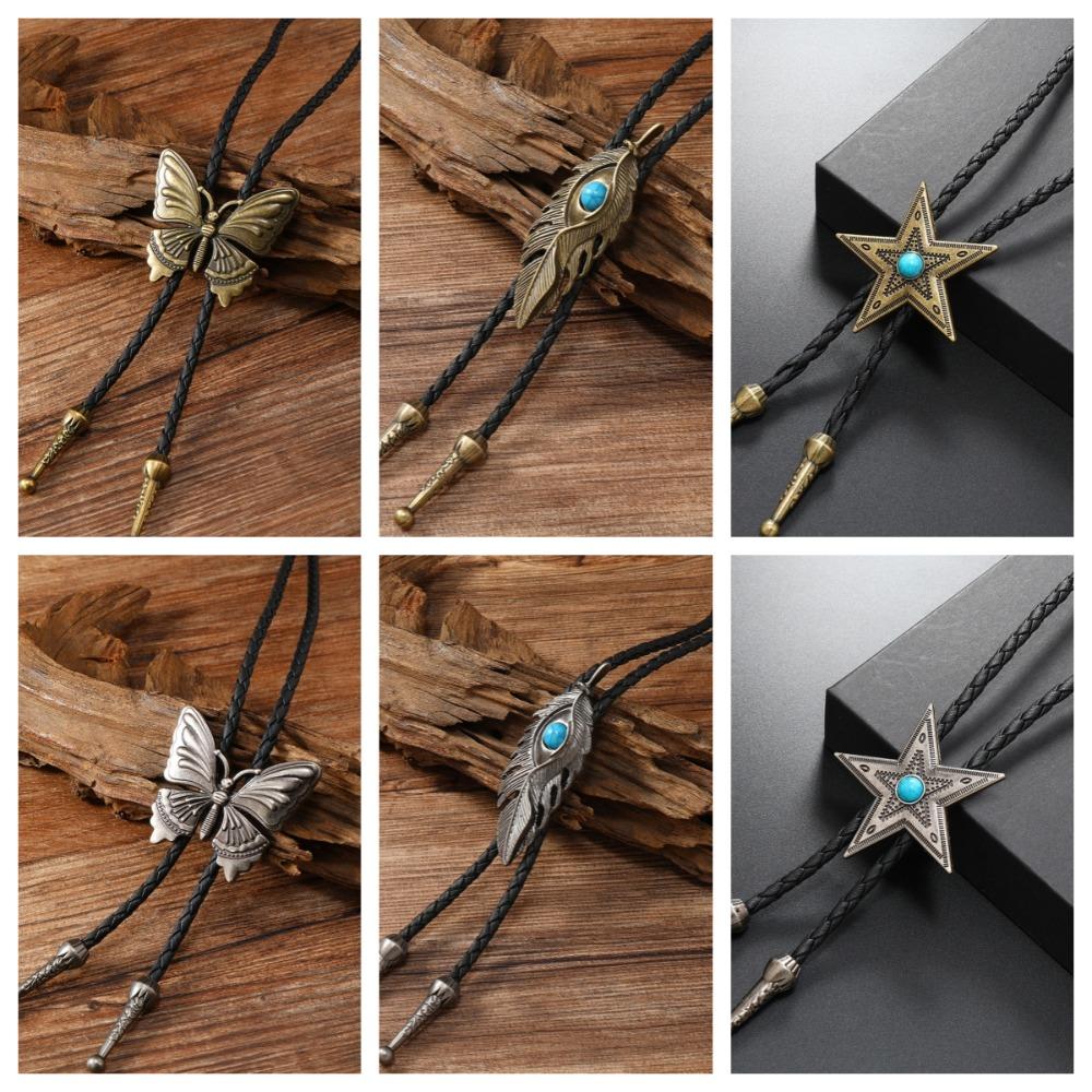 Boho Five-pointed Star Bolo Tie PU Woven Bronze Butterfly Choker Turquoise Feather Necklace  Men