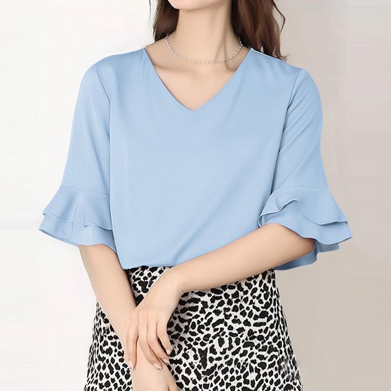 ZANZEA Womens Casual V-Neck Solid Color Loose Half Sleeve Blouse