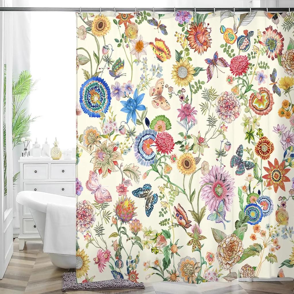 Flerfärgad Blomkonst Blommig Duschdraperi Badrum Dekorativ Vattentät Tvättbar Duschdraperi 180x180cm