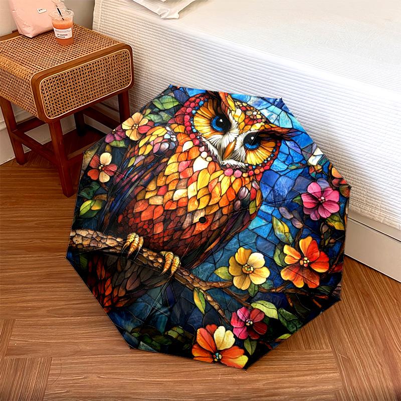 1 PC Automatic Folding Umbrella - Owls and Flowers Pattern, Portable & Foldable Design with 8 Ribs, Christmas Birthday Gifts