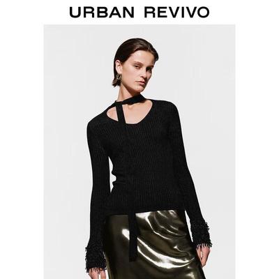UR 2025 Women's Elegant Fringe Tie Knit Sweater