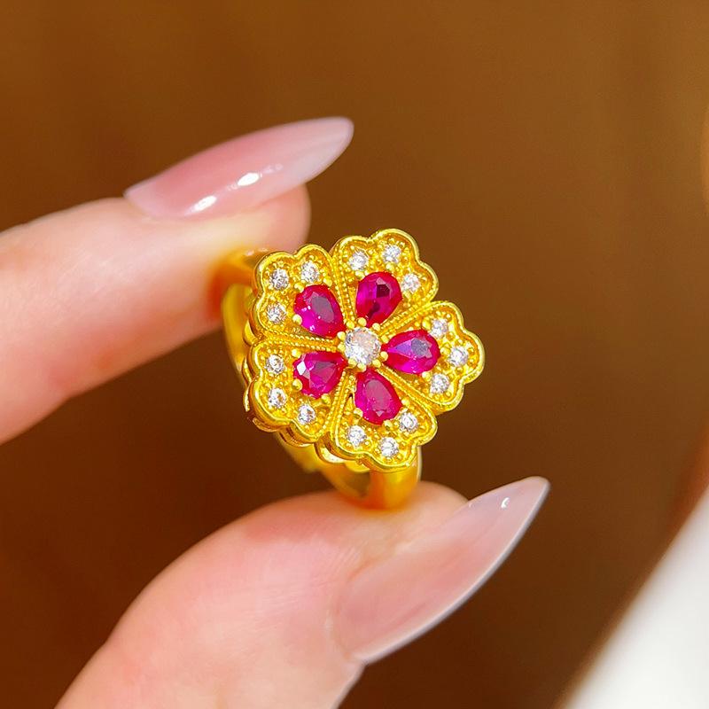 electroplated zircon flower opening ring light luxury retro court style index finger ring niche design ring