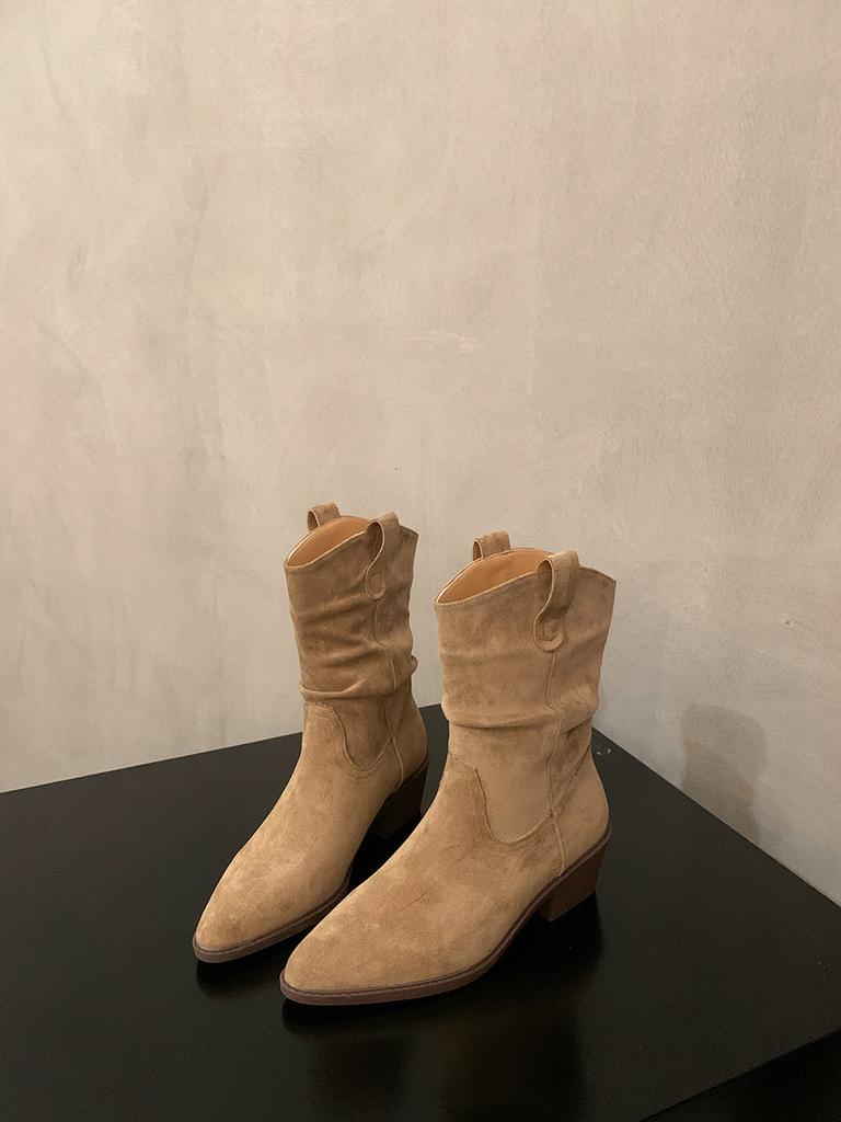 Thick Heel Retro Pointed Mid Boots Knight Boots Women's 2025 New Autumn and Winter Stacking Short Boots Suede Martin Boots