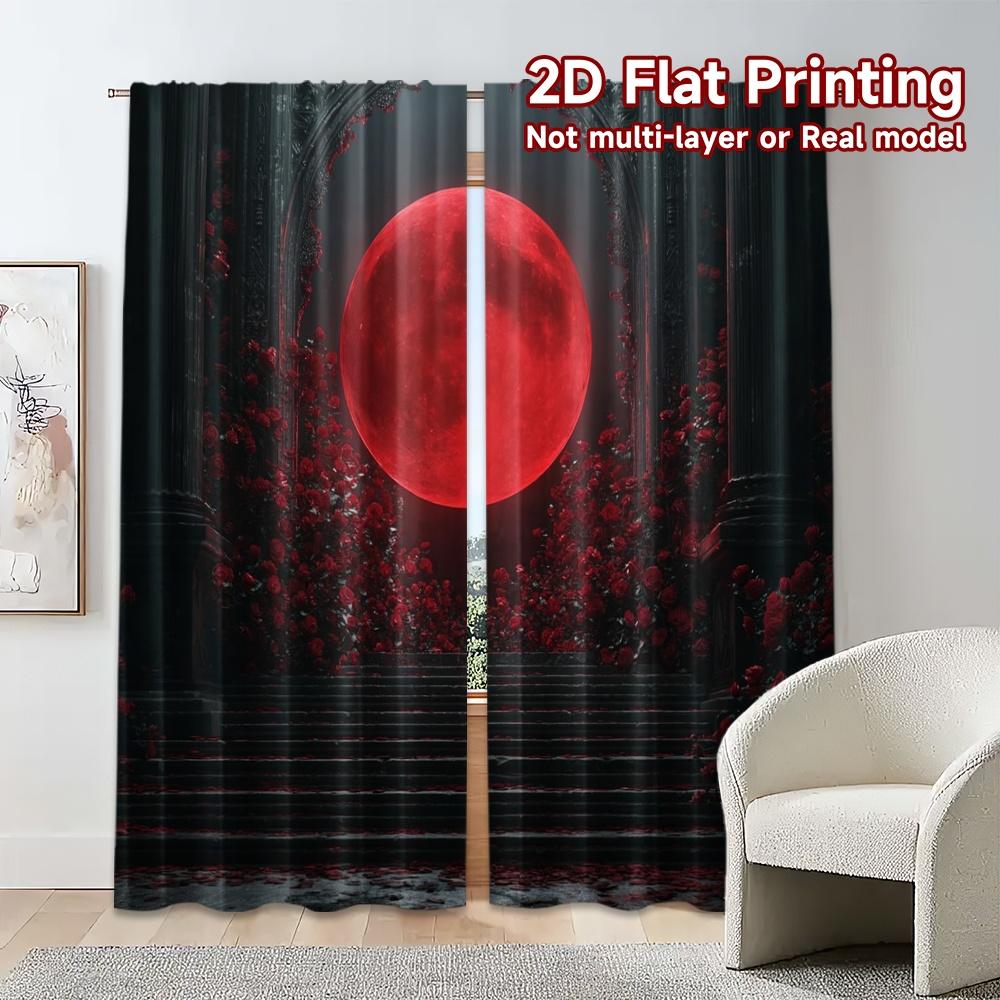 2pcs, 2D FLAT PRINTING Curtains (Without Rod) CrimsonMoon Contemporary Popular Curtains Fabric Curtains Room Decor Decorative