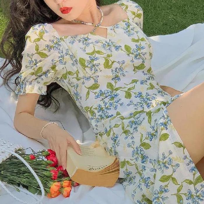 French Tie Floral Dress for Women, New Summer Mid-length High-waisted Slimming Slit Dress, Trendy Wholesale Square Neck