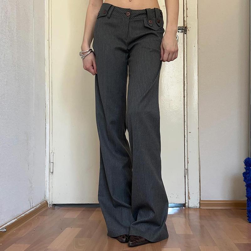 Y2K Damskie Spodnie Garniturowe w Paski Modne Wiosenne Codzienne High Street Vintage Obcisłe Rozszerzane Spodnie Biurowa Pani Podstawowe Stylizacje