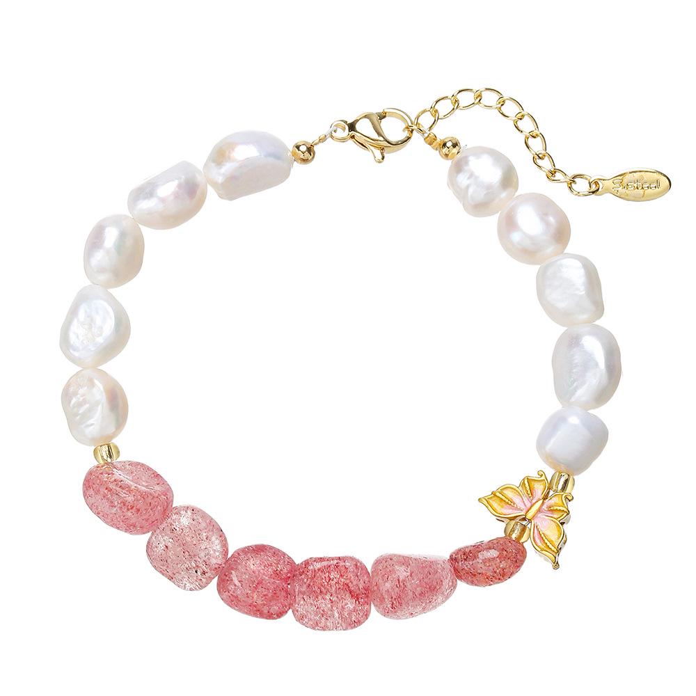 Strawberry Quartz & Large Pearl Adjustable Bracelet: Sweet Girl Light Luxury Design