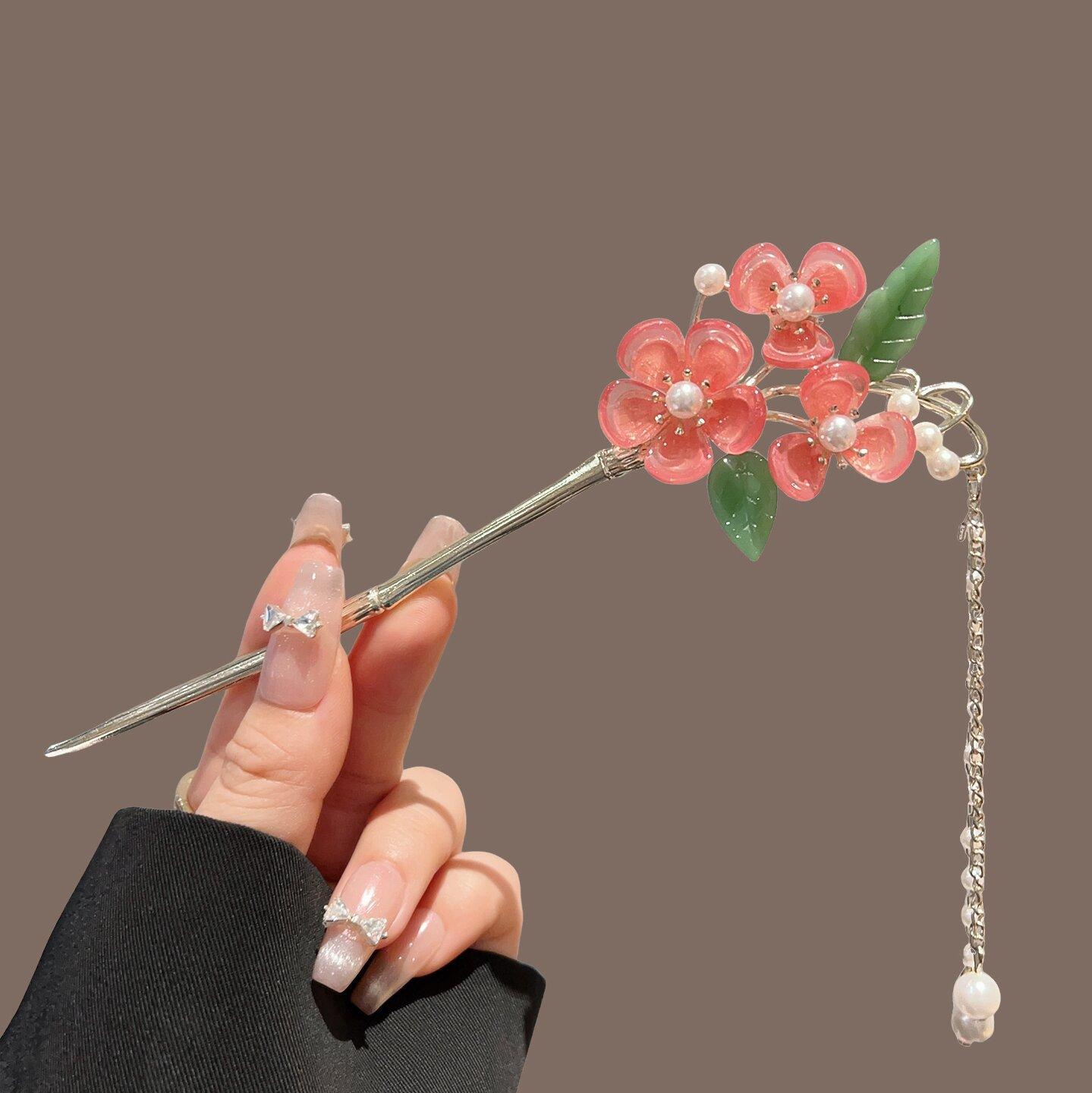 

Vintage Hairpin Pearl Metal Tassel Flower Hair Accessory for Hanfu Updo Style Chinese Traditional Hair Stick with Alloy Design розовый