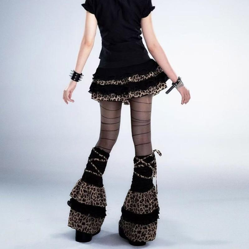 Harajuku Punk Leopard Layered Ruffle Leg Sleeves for Women Aesthetic Ties Bandages Leg Warmers Flared Boot Cover Socks