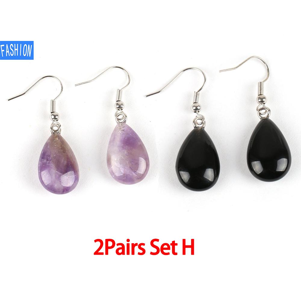 

Ювелирные изделия из полированного натурального кристалла, простые плоские серьги в виде капель воды, женские европейские и американские украшения ручной работы Amethyst+BlackAgate