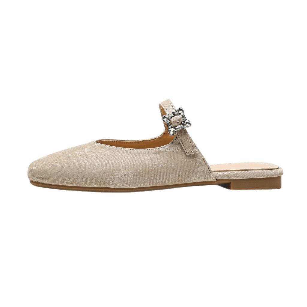 French satin rhinestone lazy one-pedal one-word bag head half slippers femininity square head versatile flat bottom slippers women