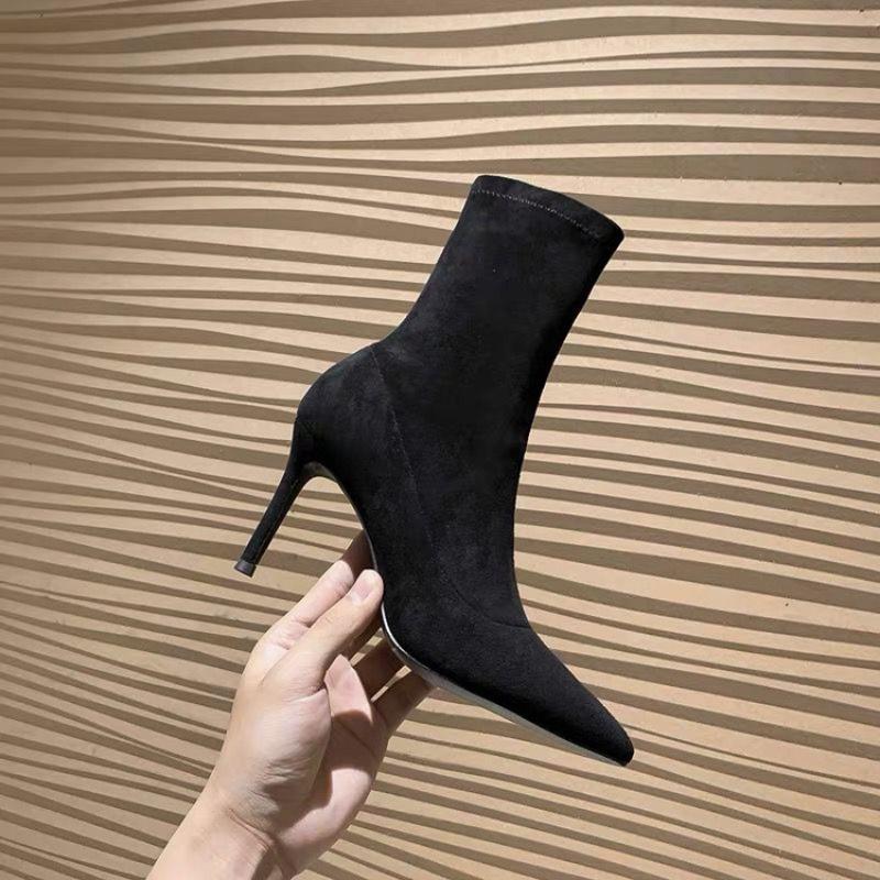 Fashion Women's Black New Booties Mid-tube High-heeled Boots Autumn and Winter 2025 Versatile Suede Pointed Toe Stretch Stiletto Heel
