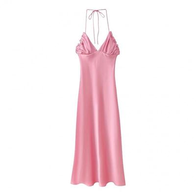 Silk Satin V-neck Backless Spaghetti Strap A-line Dress for Women - New European American Style