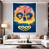 Coco marigold-petal skull arch framing Miguel and a guitar-strumming skeleton, deep navy and glowing orange Day of the Dead art, Tapestry