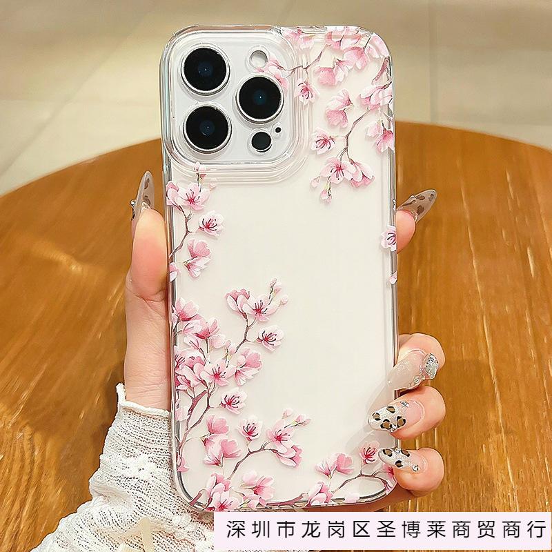 Super beautiful pink peach blossom for iPhone16promax mobile phone case Apple 14/13 transparent 15 all-inclusive XS soft