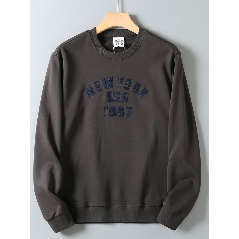 Export Surplus American Retro Solid Color Patchwork Embroidered Versatile Skin-Friendly Loose Round Neck Long Sleeve Pullover Sweatshirt for Men
