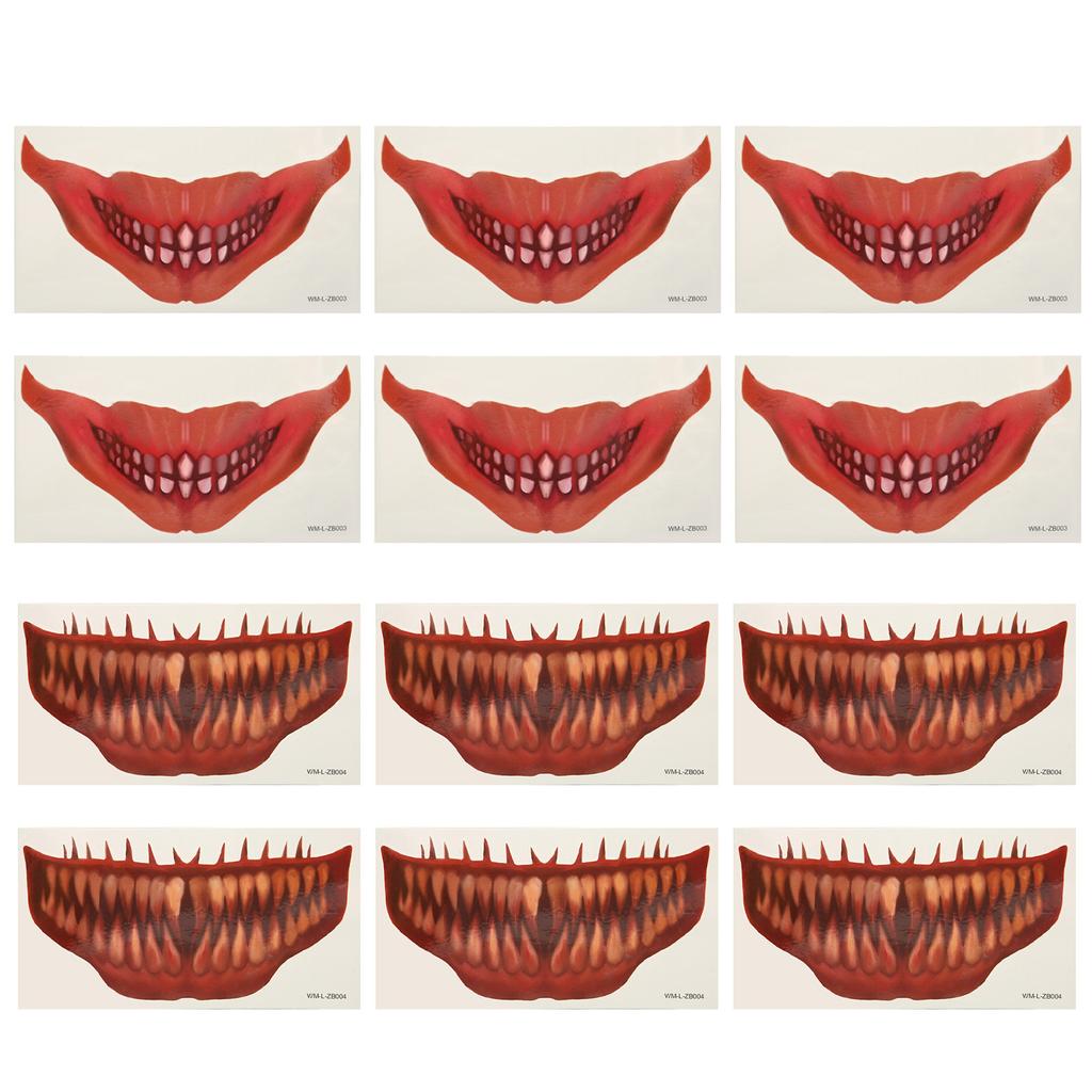 6ks nálepka na tetování Big Mouth Strašidelná vodotěsná, potící horor Dočasná halloweenská tetování na obličej St