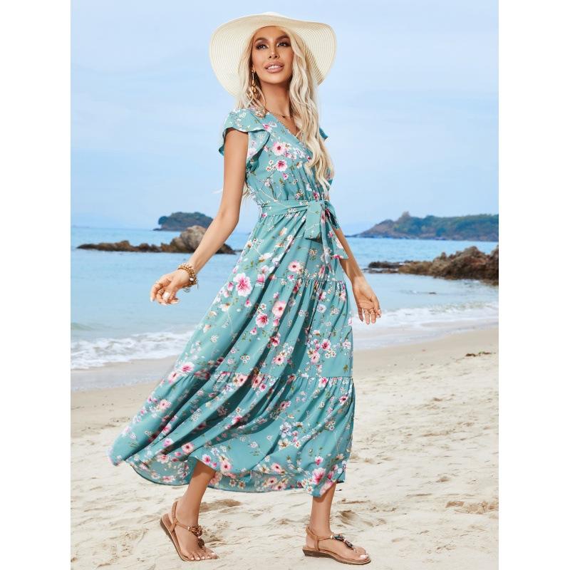 Women's Print Flower Waist Strap V-neck Short-sleeved Dress Bohemian Holiday Beach Dress