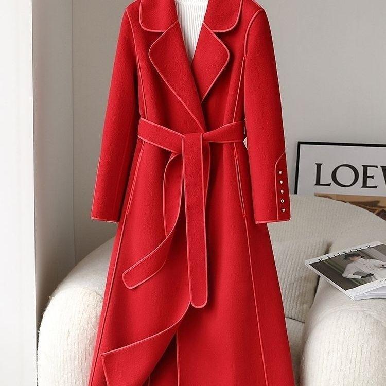 

Double-Sided Velvet Long Coat 2025, Slim Fit, New Year Style Woolen Robe L (85-105 cm) красный