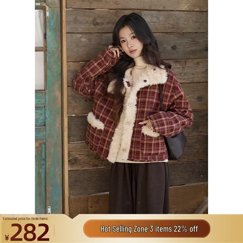 Women s Reversible Plaid Faux Suede Lamb Wool Coat L