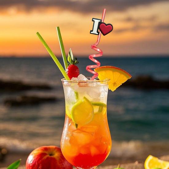 2Pcs Colorful Spiral Straws Creative Drinking Straws with Heart Lip Cake Charm Romantic Pink