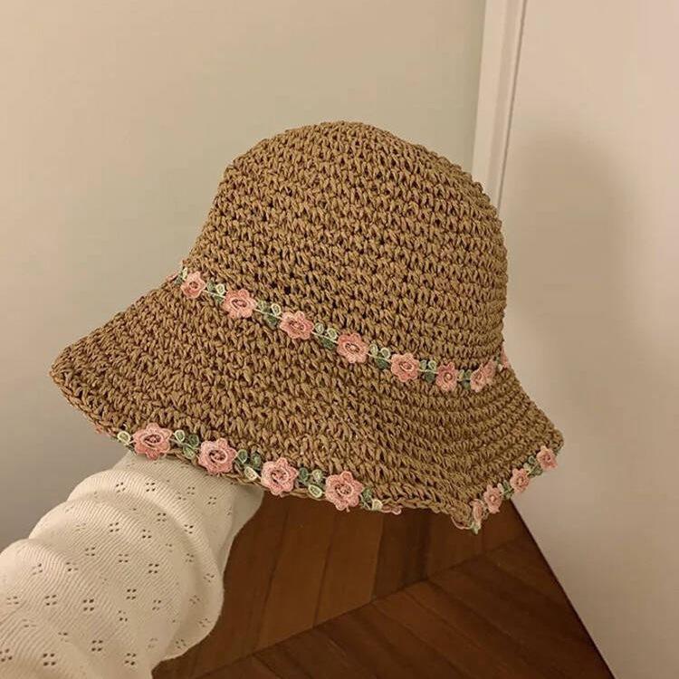 Pearl straw hat summer travel sunscreen sunshade bucket hat new straw seaside vacation net red hat