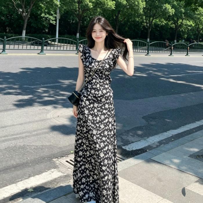 Tall Extended Black Floral Waist Dress Women s Super Long to Ankle Rose Island Skinny Long Dress Summer S