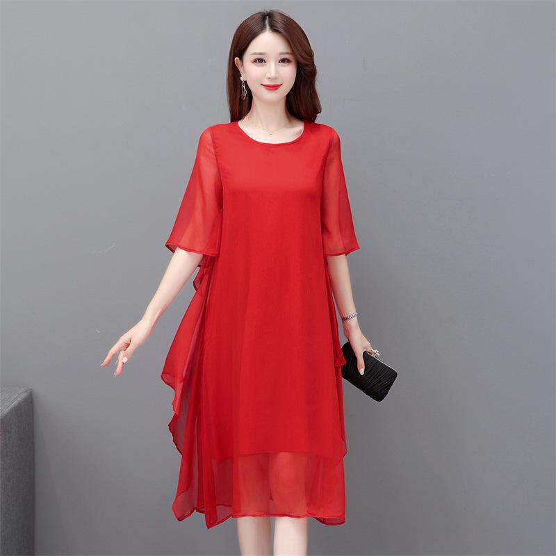 Women's Summer 2023 Silk Crepe A-line Dress: Mid-length, Solid Color, Loose Fit, Tummy-Covering, Fashionable and Elegant.