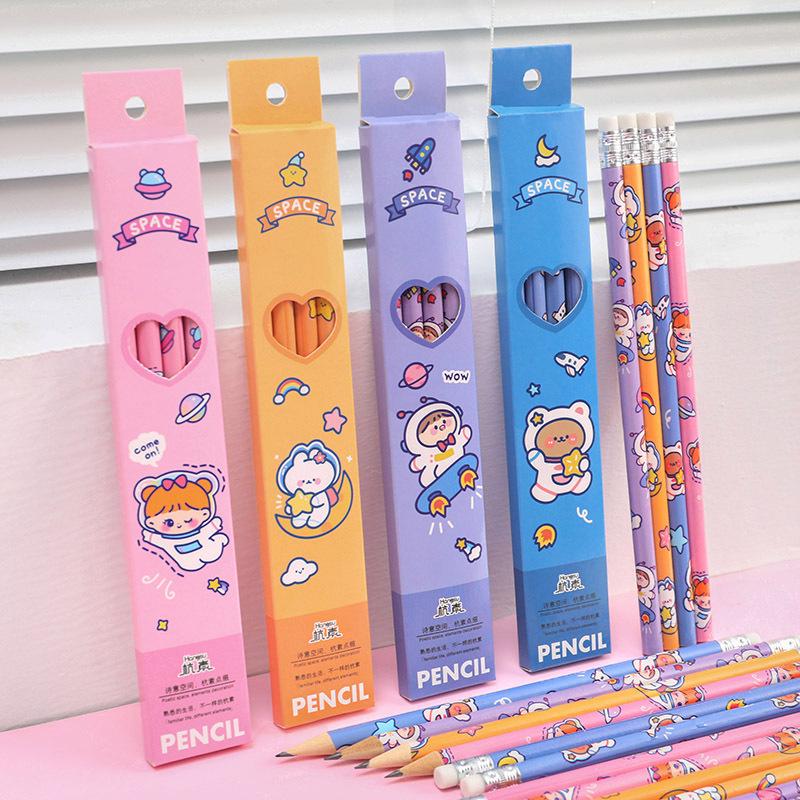 Cartoon Astronaut Pencil Set with Erasers - 4-Piece Kids' Drawing and Writing Stationery