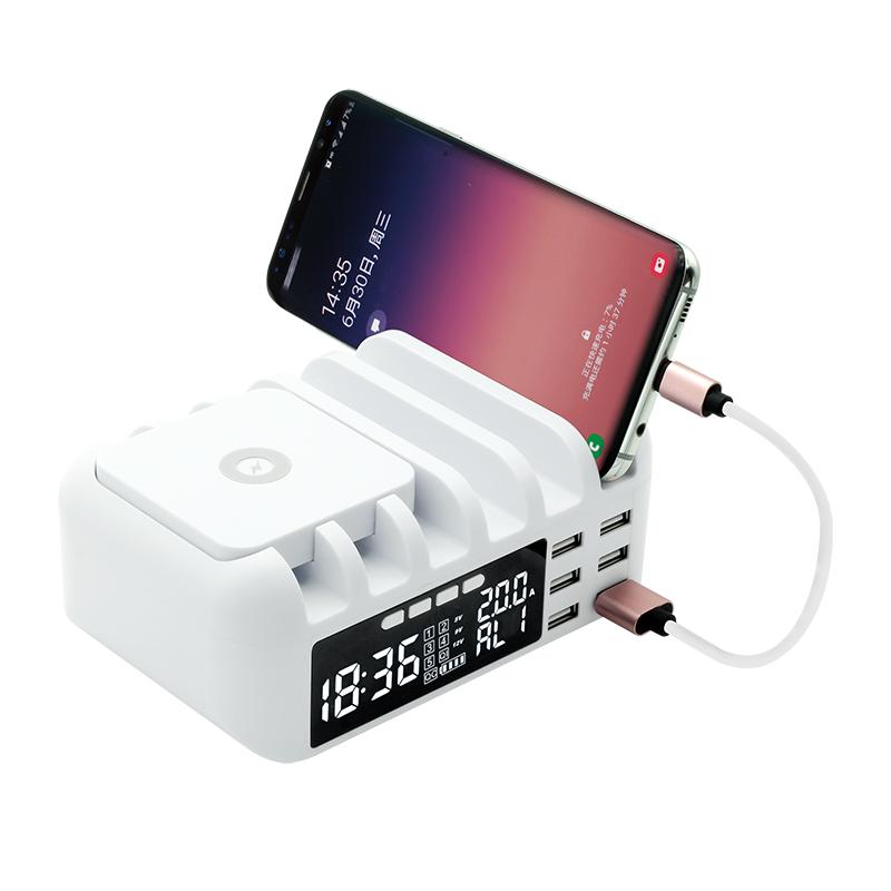 

Многофункциональное зарядное устройство Электронные часы Будильник Беспроводная зарядка 6 USB портов для зарядки Подставка для зарядки устройств для мобильных телефонов Планшет белый