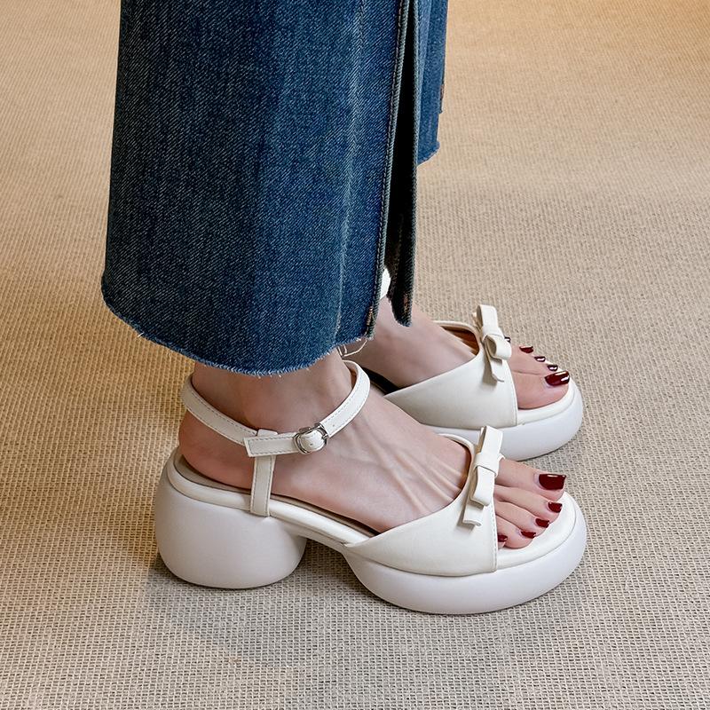 

Bow sandals women s soft leather platform heel summer new open-toed skirt muffin shoes 39
