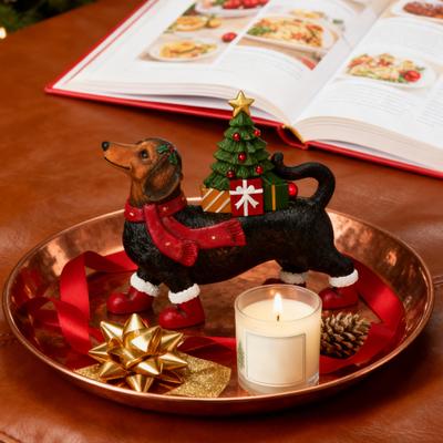 Décoration de Noël Teckel Lumineux Résine Ornement Teckel avec Écharpe Bottes Arbre Lumineux Mignonne Figurine Teckel pour Table de Fête