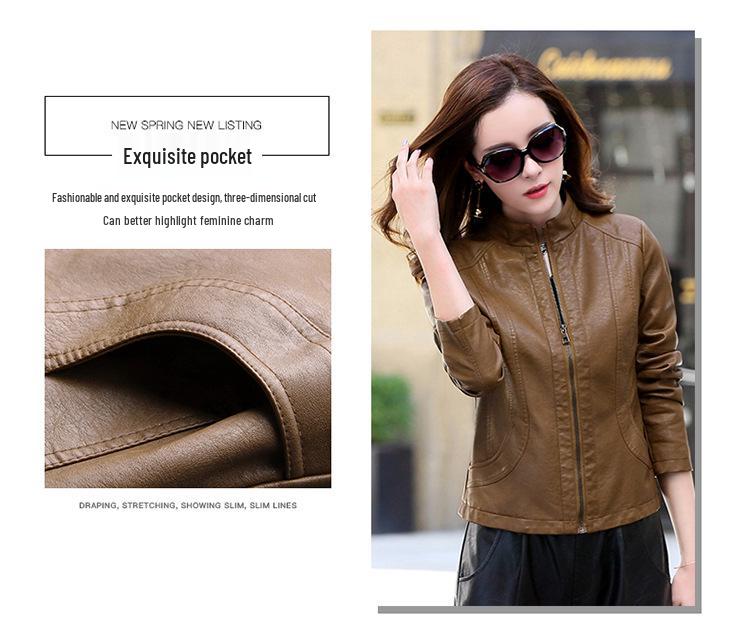 Women's Slim Fit Lambskin Motorcycle Jacket, Short Stand-up Collar, Autumn/Winter Korean Style