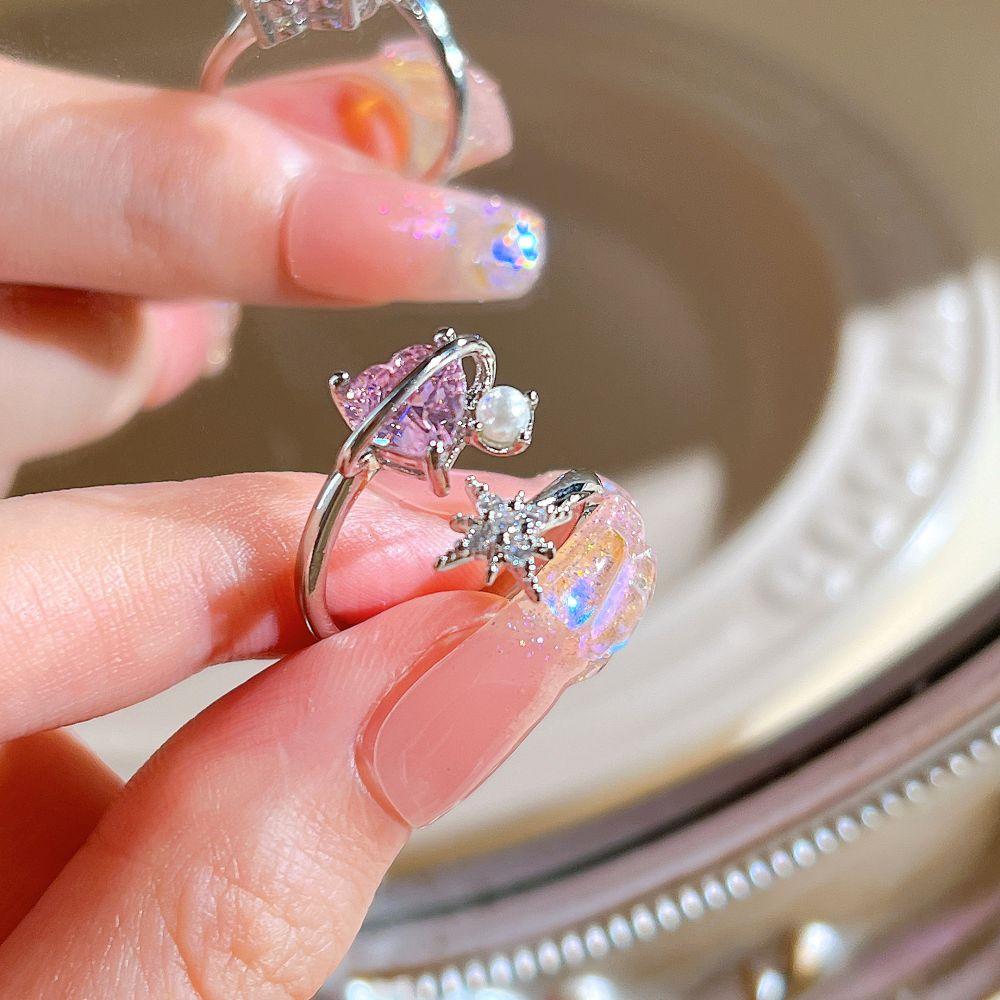 Y2K Pink Crystal Irregular Heart Ring Vintage Shiny Zircon Opal Love Open Ring for Women Kpop Punk Girl Party Jewelry Gifts 2023
