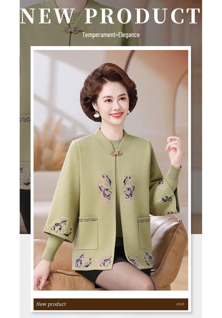 Elegant Autumn Tang Suit Two-Piece Set: National Style Sweater & Jacket for Middle-Aged and Elderly Women - Perfect for Weddings and Formal Events