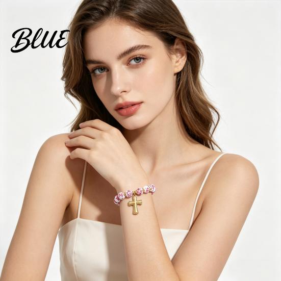 Daily Wear Bracelet Women Blue White Ceramic Beads Decor Elastic