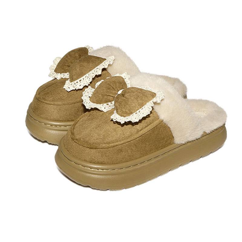 Women's Winter Fluffy Fleece Indoor Sandals Warm Room Fur Bow Slippers for Home Slip On Plush Shoes EVA Lightweight Comfort House Shoes for Bedroom