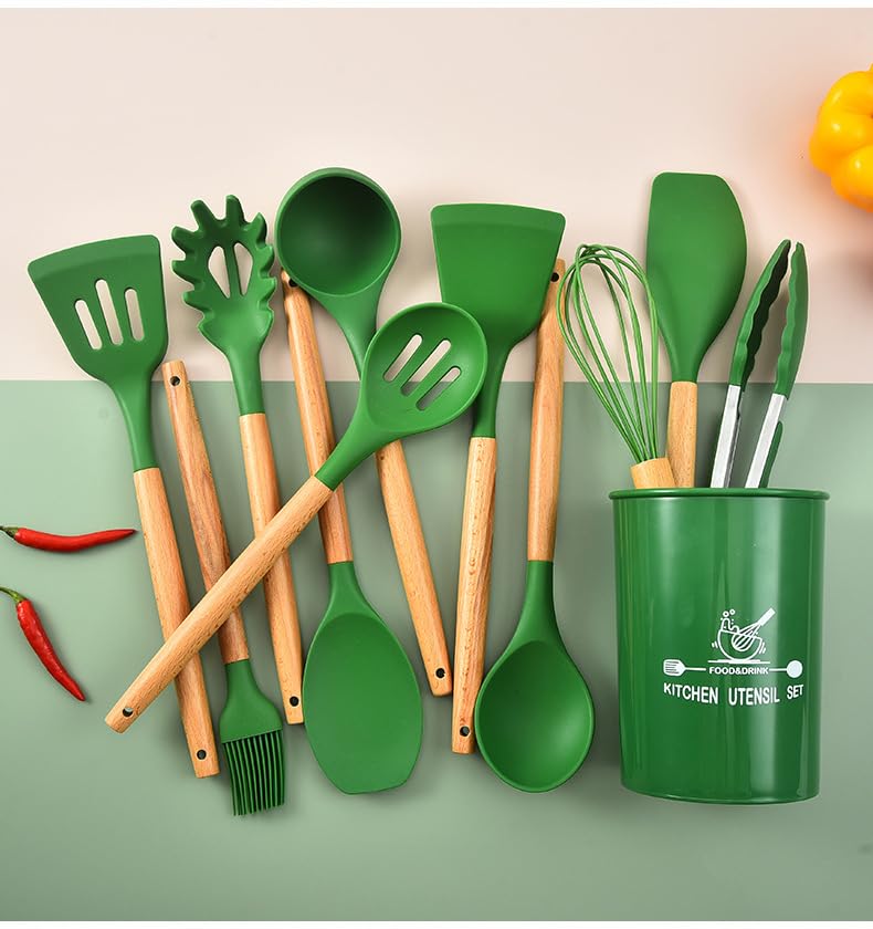 Gugrida 12-Piece Easy Food-Grade Silicone and Beechwood Cookware Set with 10 Stainless Steel Hooks (Dark Green)