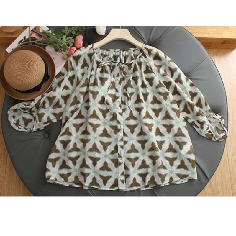 Printed Patchwork Retro Shirt for Women Summer New Style Loose and Slimming Lace Up Seven Quarter Sleeve Shirt for Women