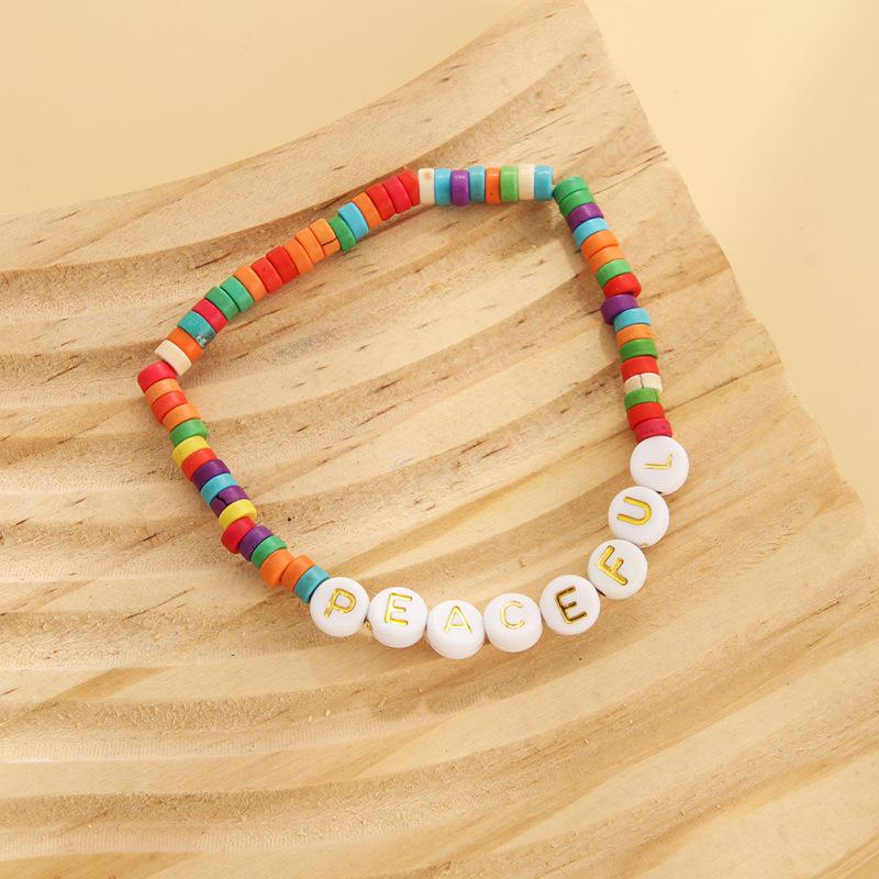 Unisex European & American Natural Stone Beaded Elastic Bracelet with English Letter