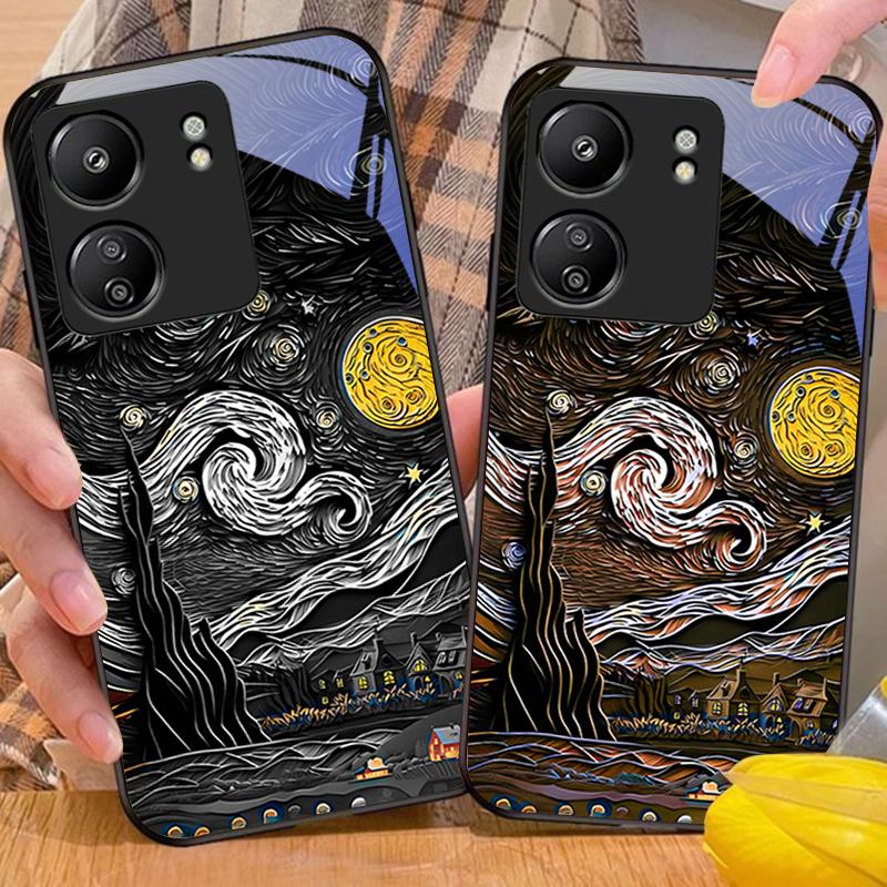 Retro Oil Painting For Xiaomi Redmi 13C Note13 12 Pro Plus 5G Note 9 13T Pro POCO X6 F5 F6 Black Tempered Glass Phone Case