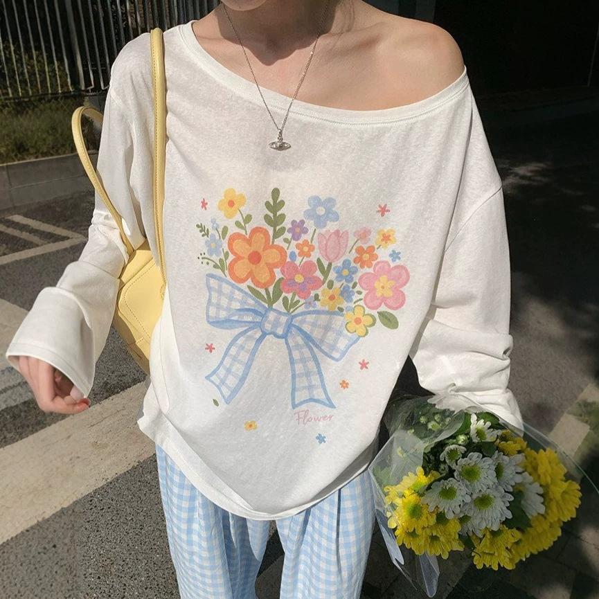 White Slanted Shoulder Graffiti Flower Print Sunscreen Long-sleeved T-shirt Women's Summer Loose Design Versatile Blouse Top