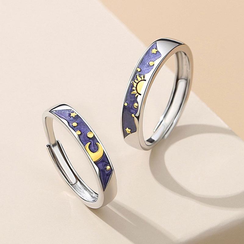 Sun and Moon Open Split Gold Couple Rings - Day & Night Design серебряный
