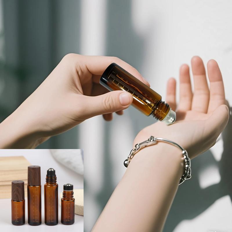 5ml 10ml Bursztynowe Przezroczyste Szklane Butelki Roll-on Plastikowa Nakrętka Imitująca Drewno Próbne Buteleczki z Kulka do Olejków Eterycznych Perfum