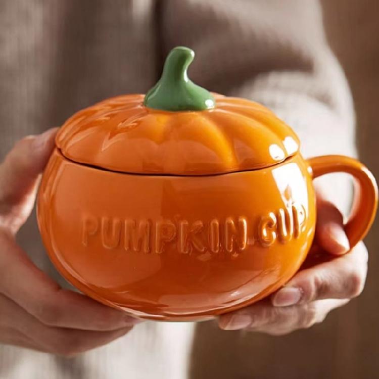 Ceramic Pumpkin Shape Mug With Lid Coffee Cup Halloween Dinnerware Perfect For Autumn Drink Decoration
