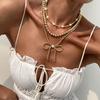 Bohemian Bow Pendant Necklace Vintage Faux Pearl Beaded Collarbone Chain