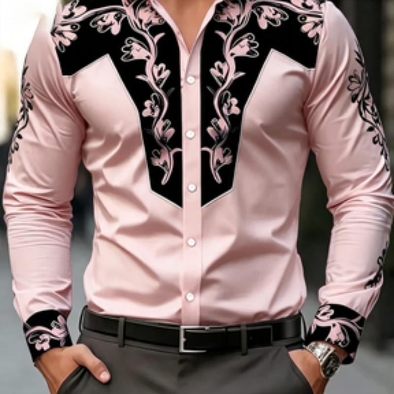 Men's shirt long sleeved printed shirt European and American business lapel