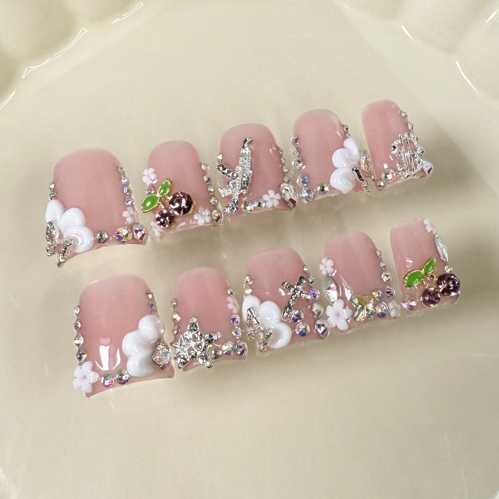 10pcs Handmade Pink French Short Duckbill Press On Nails With Rhinestone Flower Decor Fake Nail Tips Set